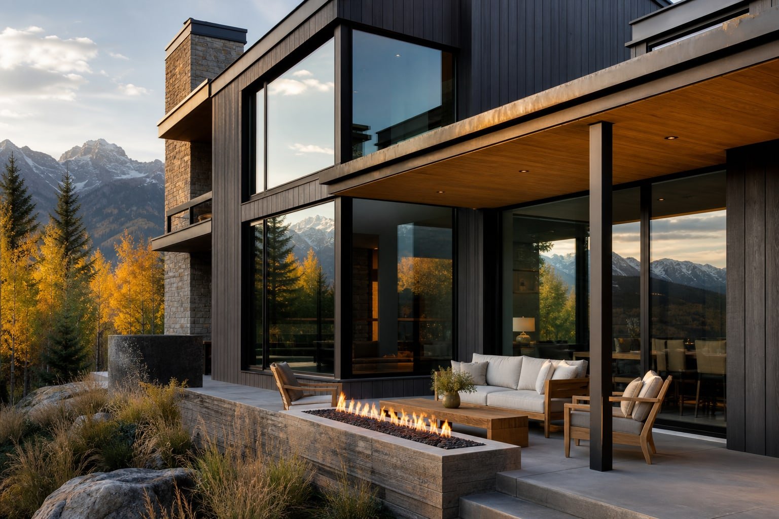 Luxury custom home terrace in the Mountain West with Teton-range peaks beyond